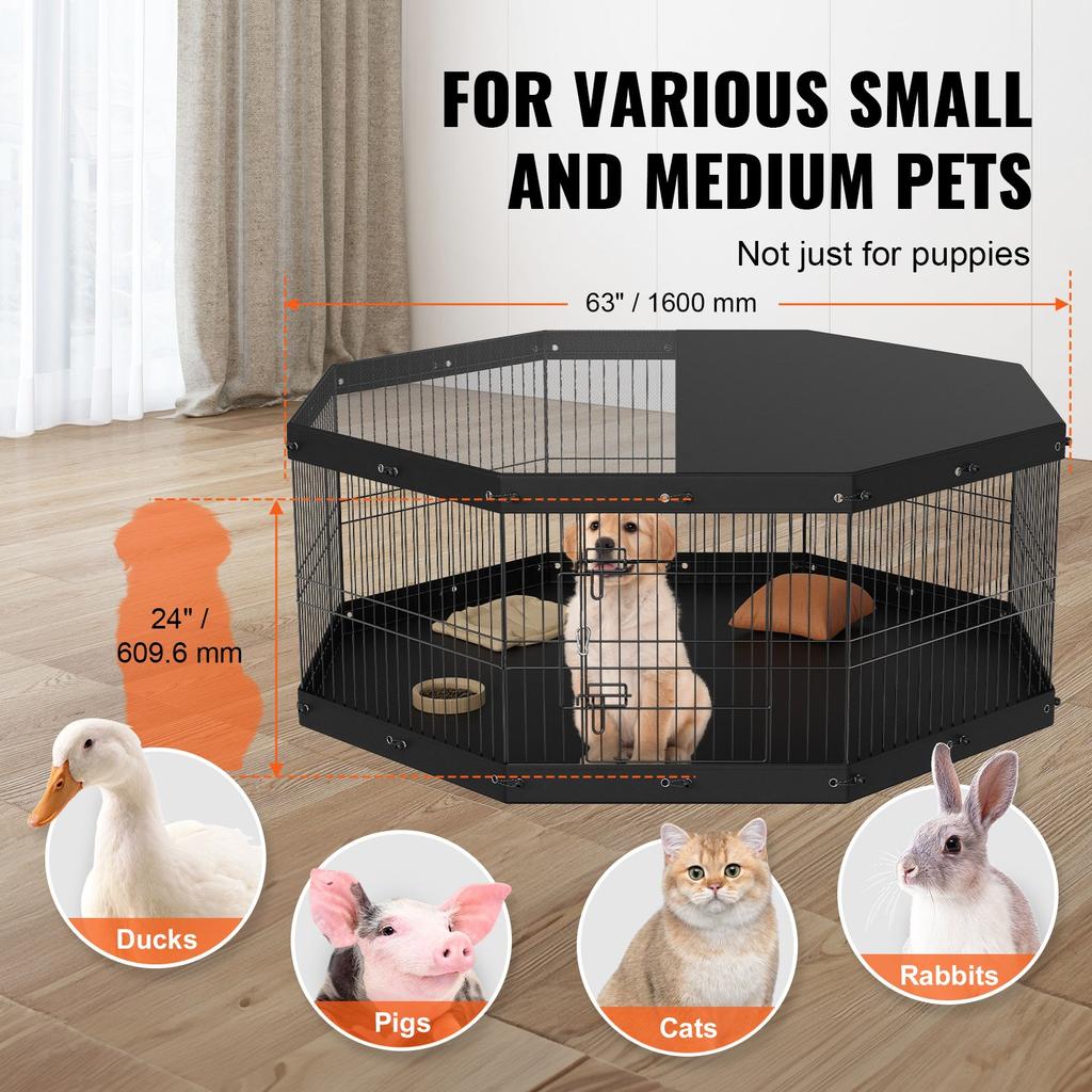 VEVOR Dog Playpen, 8 Panels Foldable Metal Dog Exercise Pen with Top Cover and Bottom Pad, 61 Cm H Pet Fence Puppy Crate Kennel