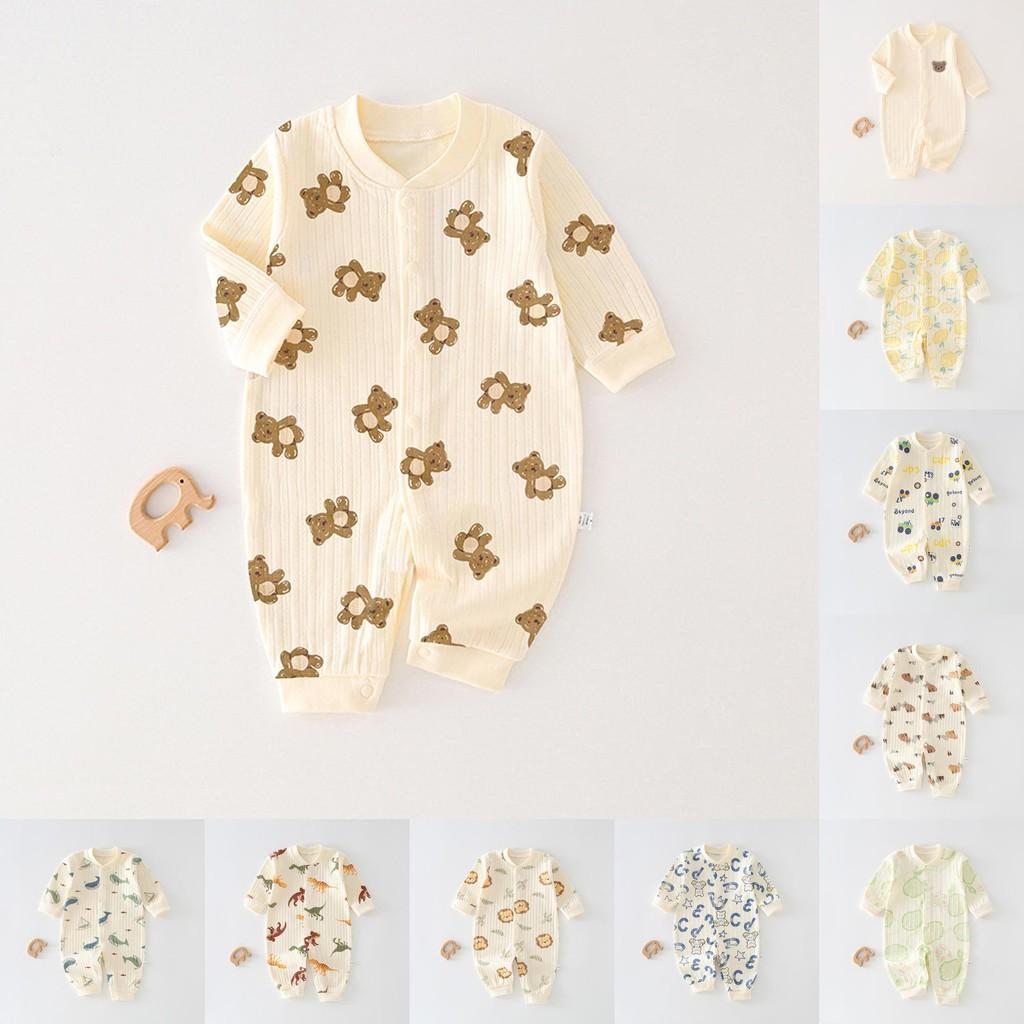 Baby-Strampler mit Langarm, Bären-Hase-Auto-Zitronen-Print, aus Baumwolle, für Neugeborene und Säuglinge