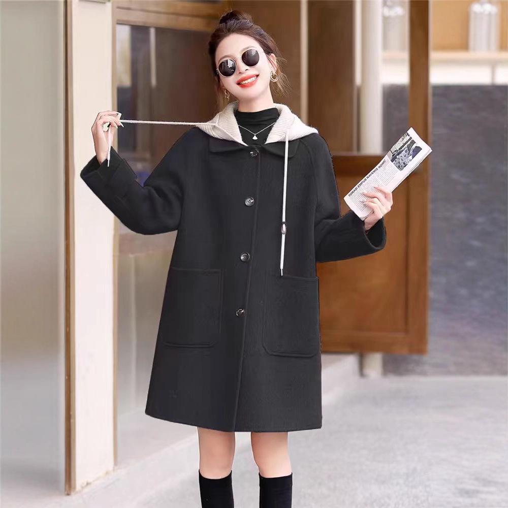 Women's Hooded Double-Faced Cashmere Coat - Slim College Style, Mid-Length, Versatile Wool for Autumn/Winter.