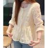 Camisa elegante de encaje para mujer, blusa holgada de manga larga con cuello cuadrado y bordado, blusa informal de crochet de talla grande para primavera y otoño