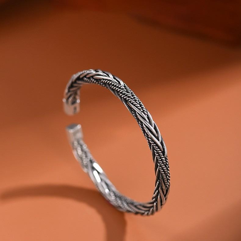 100% Solid 925 Sterling Silver Retro Bracelet for Women Men Vintage Handmade Interware Bar Simple Bracelet Birthday Gift