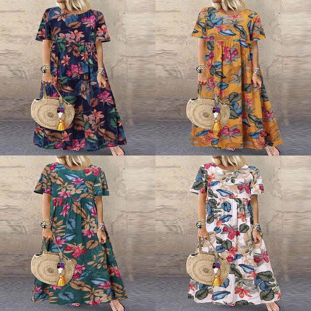 Vintage Floral Print Long Dress With Round Neck And Short Sleeves For Casual Summer Wear