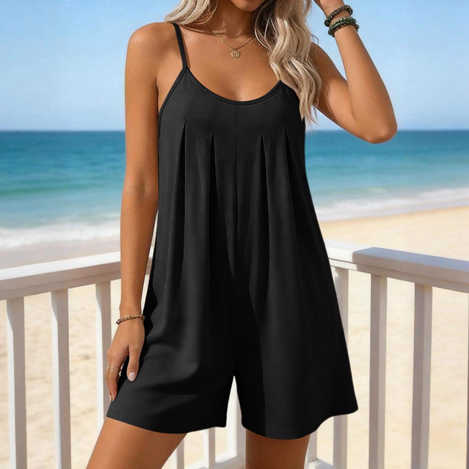 Women s Fashionable Casual Summer Strappy Jumpsuit Shorts, Loose Fit, Color Casual Jumpsuit Shorts L чёрный