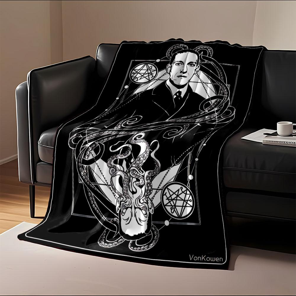 A Symmetrical Design Features a Man, Tentacles, Symbols, and Geometric Shapes. for All Seasons Blanket Lunch Break Throw Gift