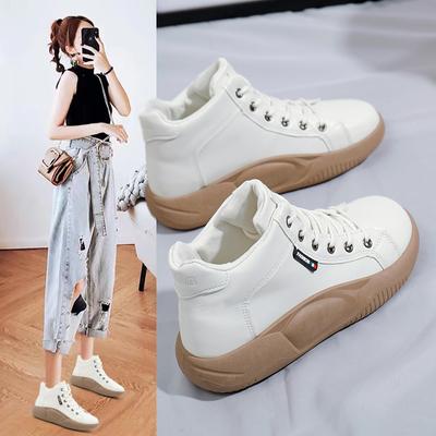 23 Mocassins Novos de Primavera Cano Alto Quentes de Couro Sapatos Pequenos Brancos de Sola Grossa Sapatos de Balanço Versátil Moda Sapatos Femininos