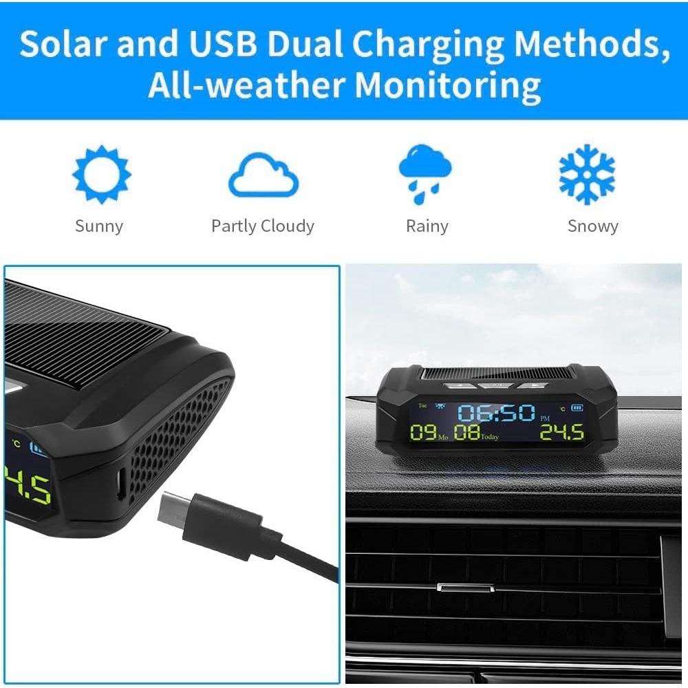 Car Solar Digital Clock with LCD Time Date Temperature Display In Car for Decorating Personal Car Parts Outdoor
