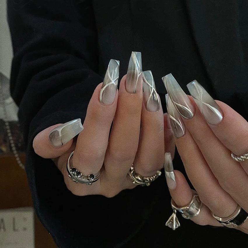 Medium Coffin Press On Nails with Designs Reusable Full Cover Glue On Fake Nails Press Ons Artificial False Nails Stick On Nails for Women