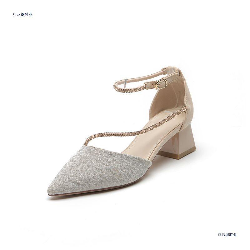 Coarse heel high heels women's new spring and autumn versatile pointed one-word buckle with rhinestones with skirt medium heel single shoes