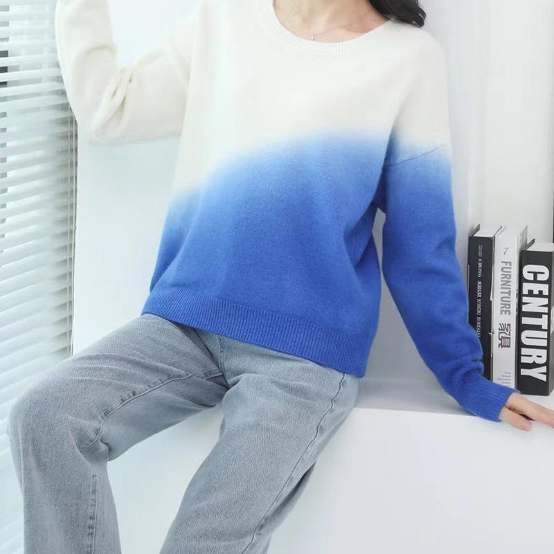 Trendy new rainbow color hanging dye gradual change color matching loose round neck soft waxy pullover knitted sweater women