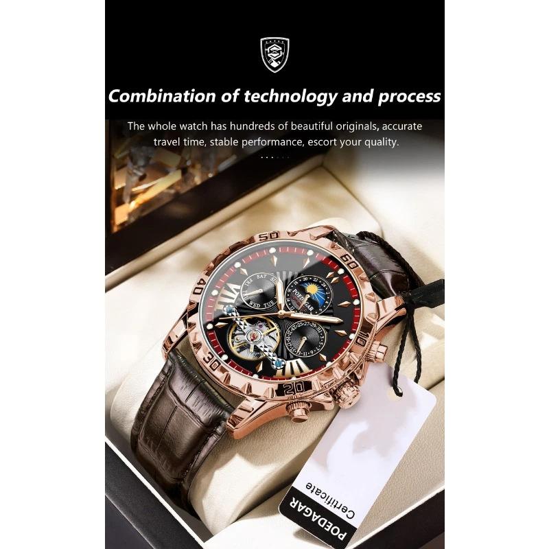 POEDAGAR Tourbillon Automatic Mechanical Wristwatch Waterproof Luminous Date Week Leather Men Watch Luxury Fashion Watches
