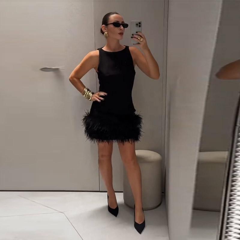 Elegantní Sexy Módní Střapcové Peří Patchwork Krátké Šaty Ženy Štíhlé O-výstřih Bez rukávů Vysoký Pas Šaty