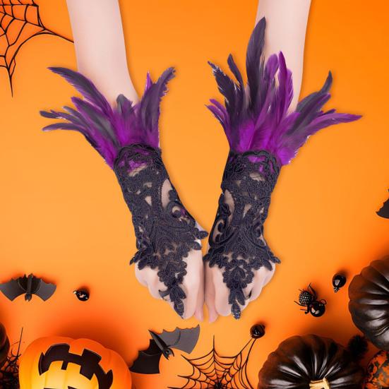 Women's Feather Wrist Cuffs Gothic Lace Feather Long Fingerless Gloves