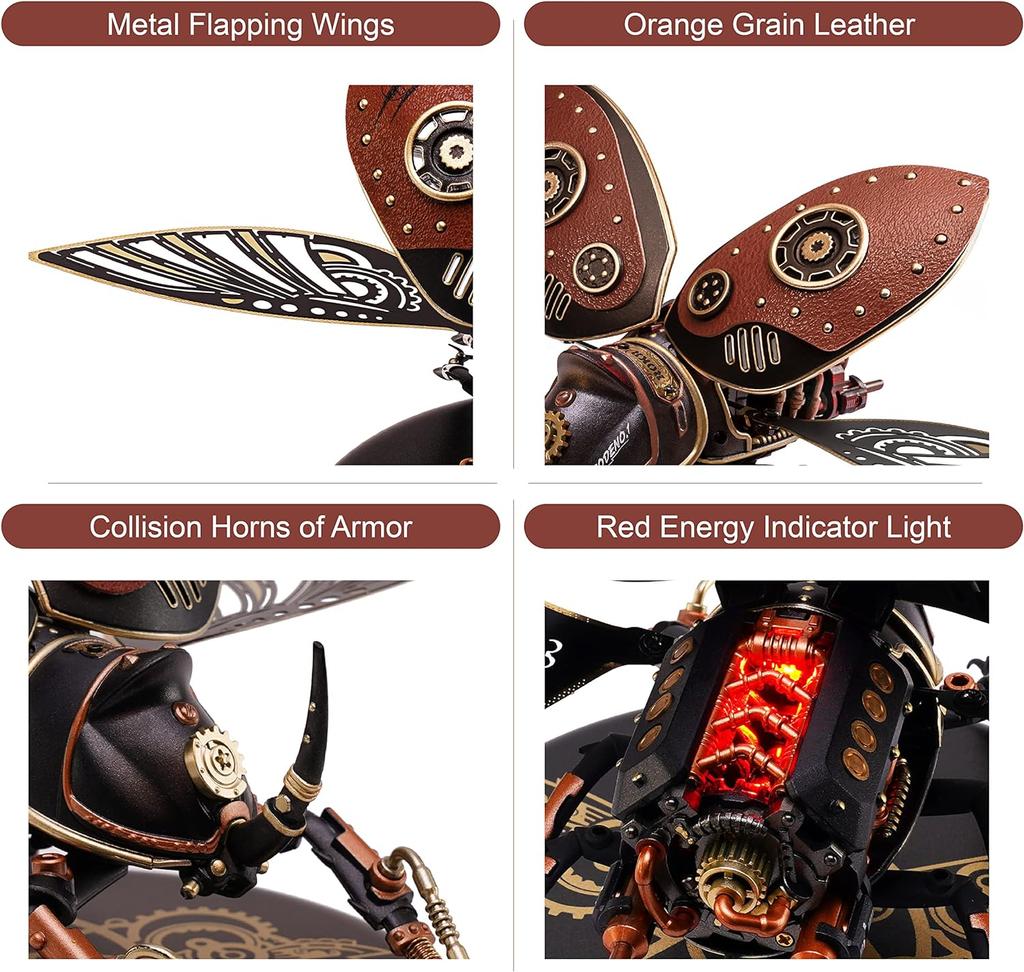 Robotime Rokr 3D Metal Puzzle Rhinoceros Beetle with LED Light of Industrial-style Building Block gift for Kids