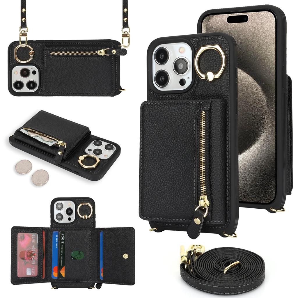 Crossbody Leather Wallet Case For iPhone 15 14 13 12 11 Pro Max XS X XR Protective Cover Ring Holder Zipper Cards Holder Bag