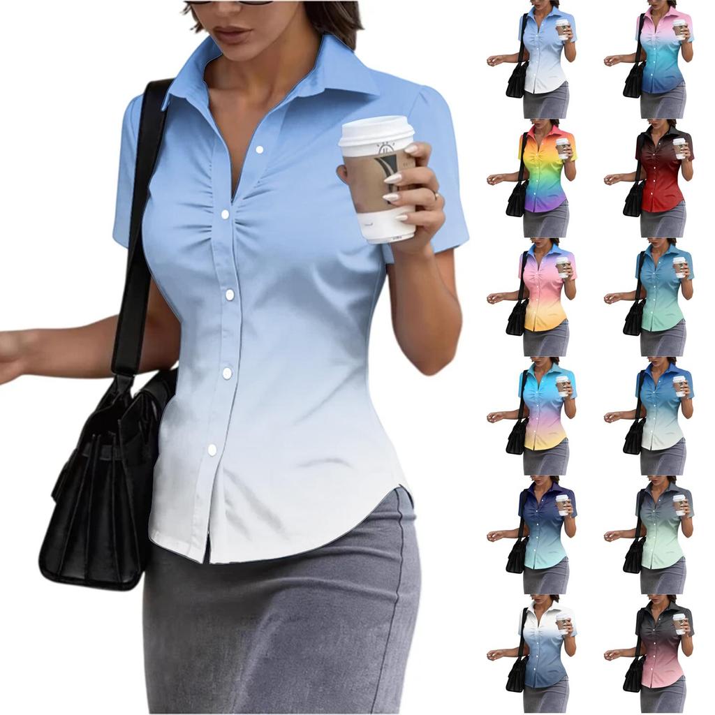 Women's Short Sleeve Button Down Shirt Slim Fit Collared Business Casual Office Blouse Tailored Top for Summer Workwear