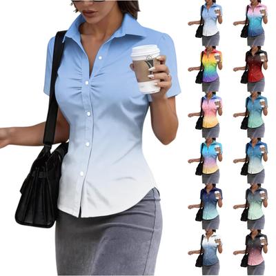 Damska koszula z krótkim rękawem na guziki, dopasowana, z kołnierzykiem, do biura, styl business casual, dopasowany top na lato, ubranie do pracy