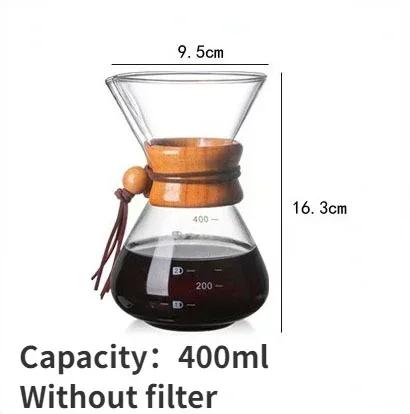 Simple Classic Drip Type Hand-Blown Coffee Pot- High Borosilicate Glass Hand Brewing Pot with Thickened Wooden Anti-Scald Handle