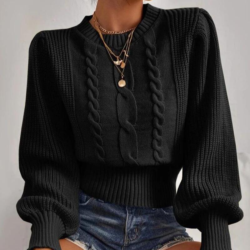 Solid Color Knitted Sweater Women's Round Neck Pullover Lantern Sleeve Top