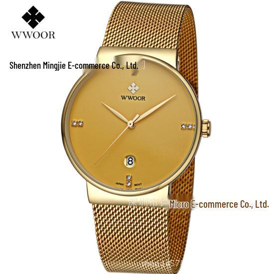 WWOOR 8018 Men s Waterproof Quartz Watch with Casual Mesh Strap and Business Calendar золотой полосы/корпуса золотой