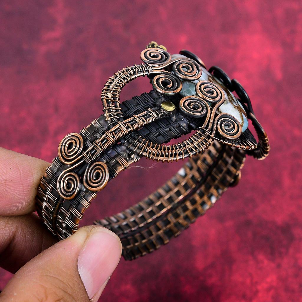 Copper Larimar Bangle Copper Wire Wrapped Cuff Bracelet Adjustable Bangle Gemstone Cuff Gifts for Him Handmade Copper Jewelry Antique Bangle