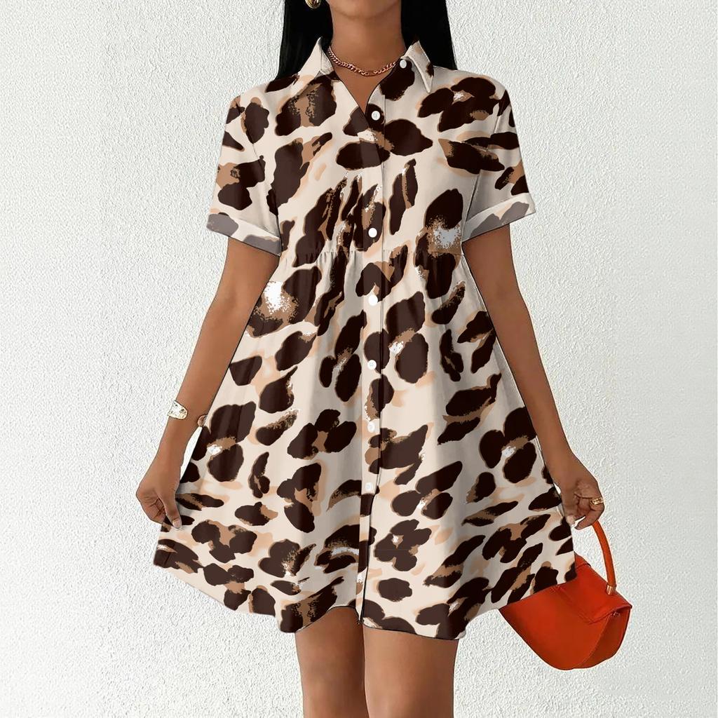 Women's Casual Loose Fit Shirt Dress Button Front Short Sleeve Turn Down Collar Dress with Printed Pattern Suitable for Daily Wear