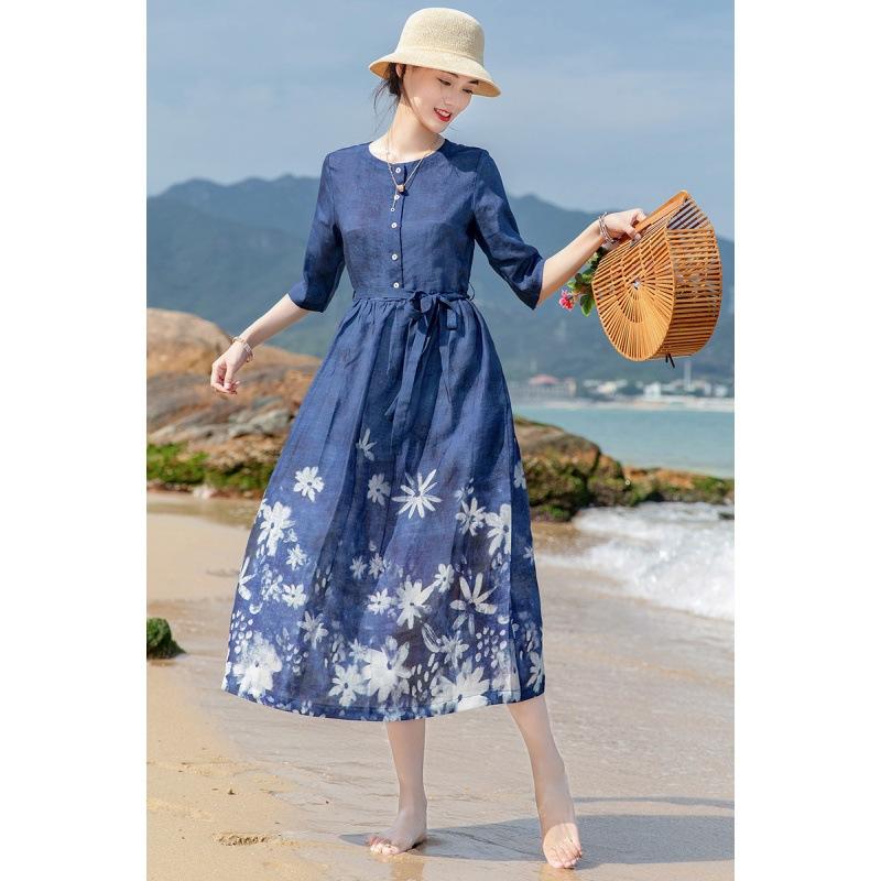 Women's Summer Positioning Print Lace-up Waist Artistic Travel Slimming Dress