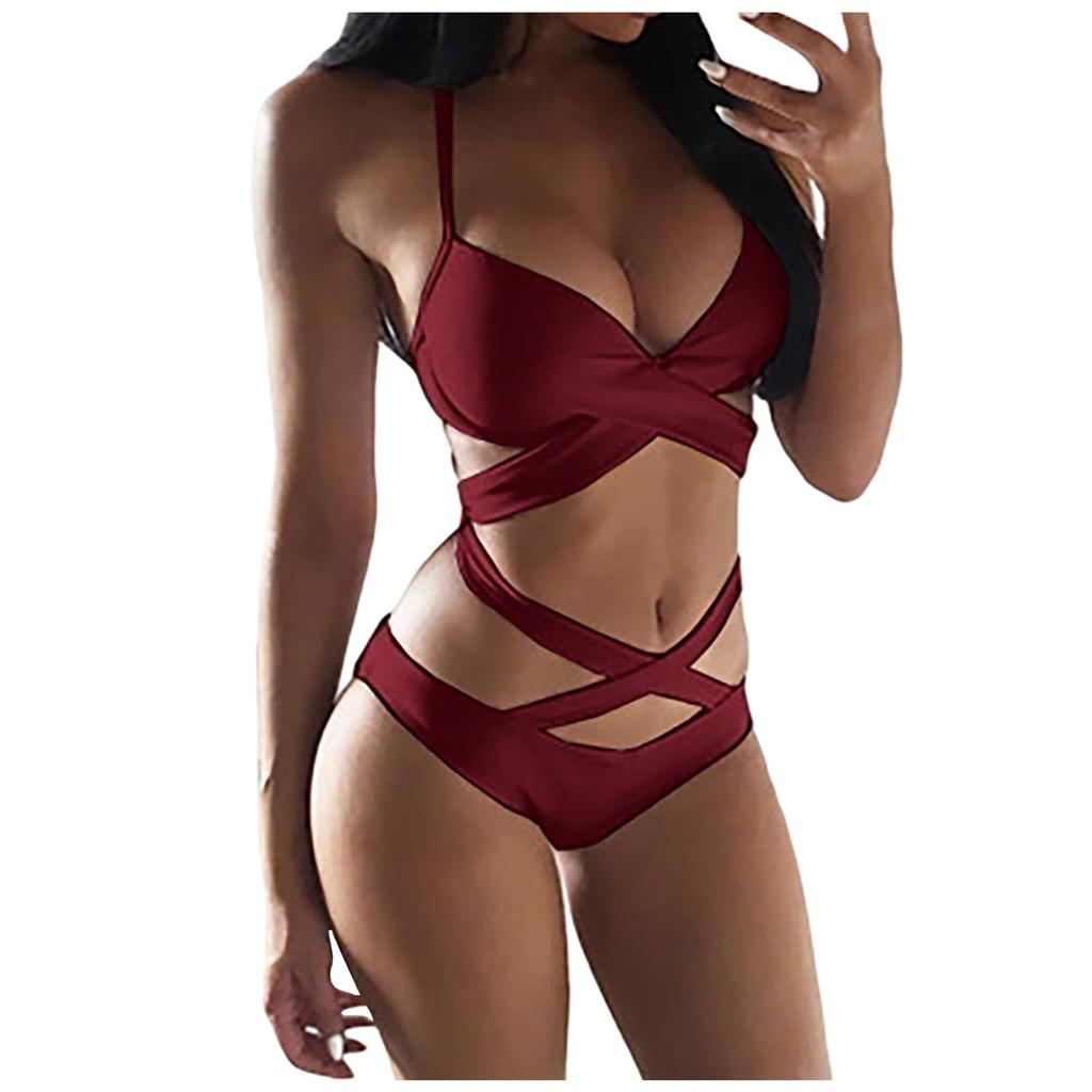 Damenmode Sexy Einfarbige Träger Überkreuzter Split Strand Zweiteiliger Badeanzug