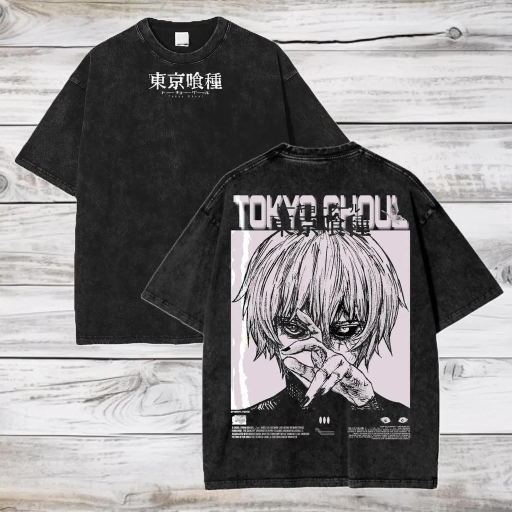 Manga Tokyo Ghost Printed Tshirt Summer Cotton Short Sleeve Tees Ken Kaneki Washed Oversized T Shirt Mens Womens Clothing