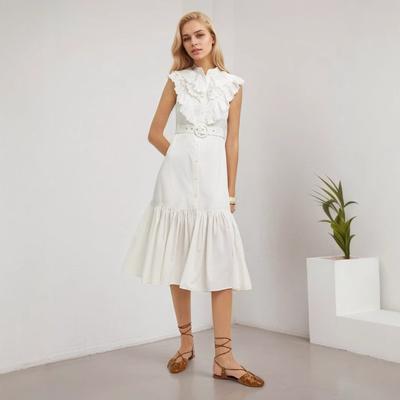 Women's French Elegant Summer Ruffled Round-neck Single-breasted Belt Dress