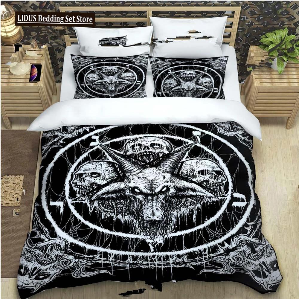 Baphomet Duvet Cover King Queen Size Pentagram With Demon Satanic Goat Head Bedding Set For Boy Men Horror House Comforter Cover