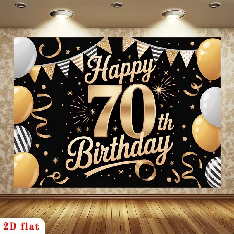 2D Happy 70th Birthday Backdrop Black Gold Ribbon Party Decoration