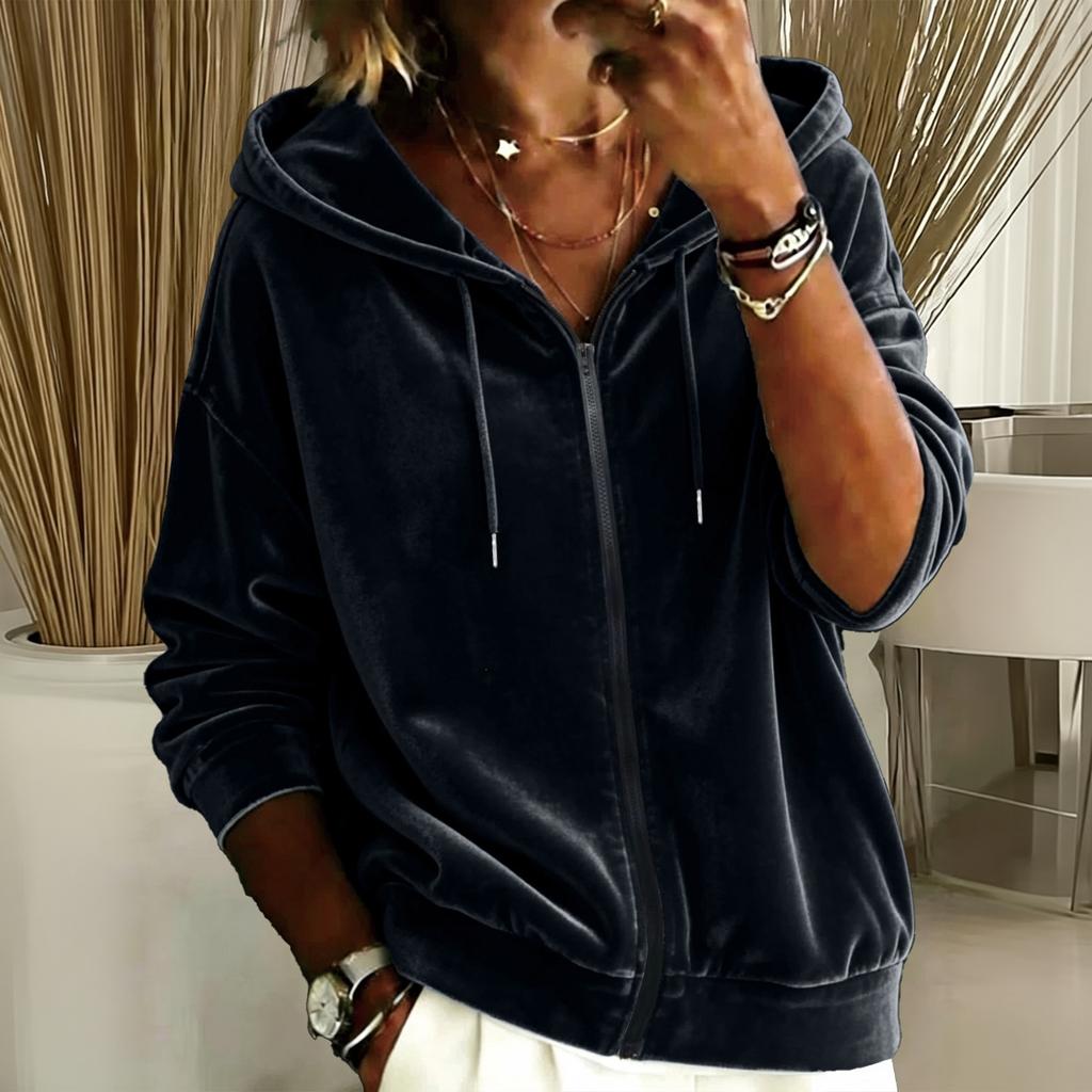 Women's Casual Color Drawstring Zip-Up Hoodie Loose Fit Long Sleeve Sweatshirt