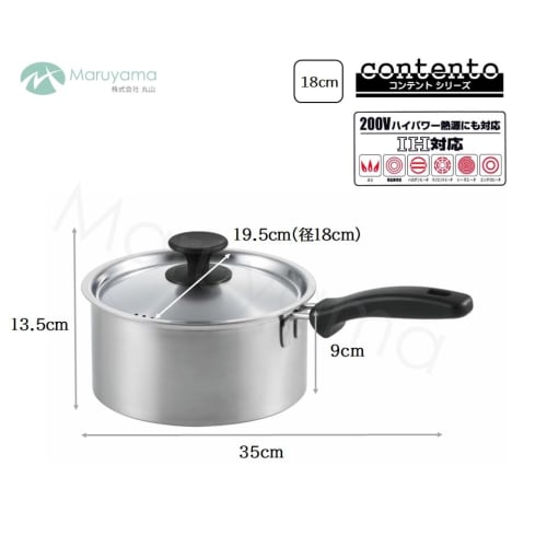 Maruyama Content Saucepan, 18cm, 2.3L, with Measuring Plate, CO3-18K, Induction and Gas Stove Compatible, Stainless Steel, One-Handed, Flat Bottom, Ma