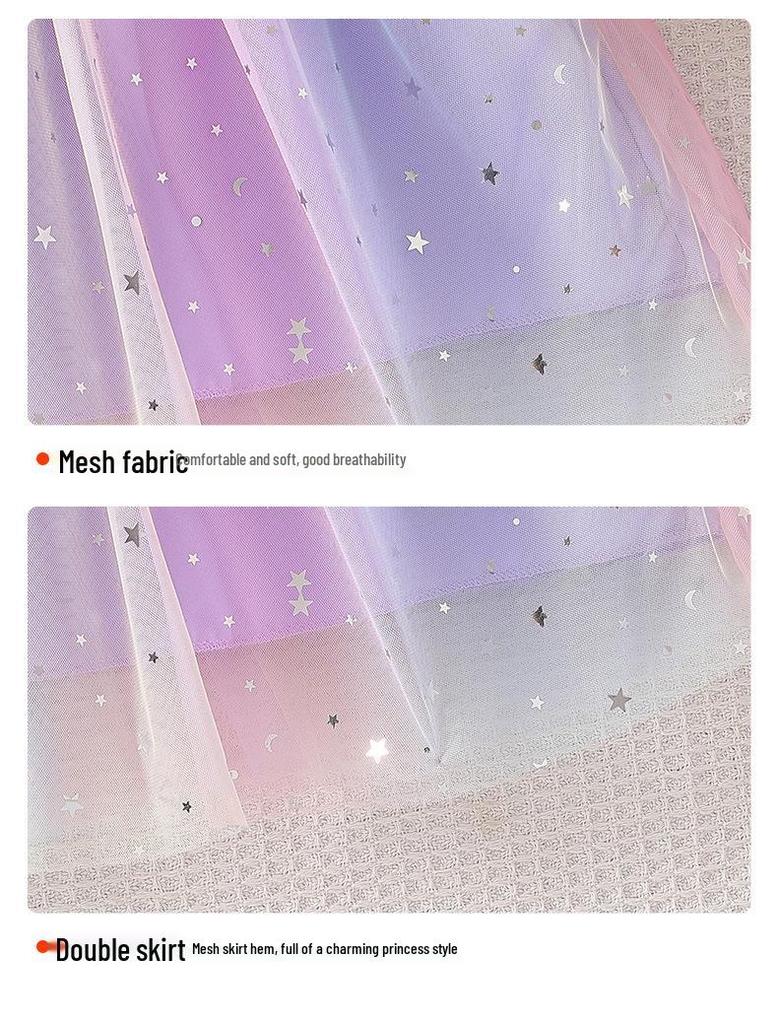 2025 Summer Girls' Gradient Mesh Bow Dress - Short Sleeve Princess Style
