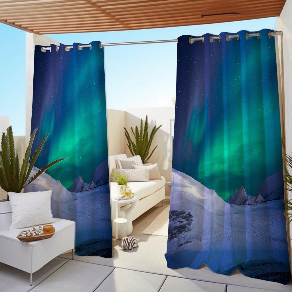1 Pc Outdoor Waterproof Oil-proof Curtains,Modern Sunshade Curtain Aurora Natural Scenery Sky Star Print CurtainFor Living Room