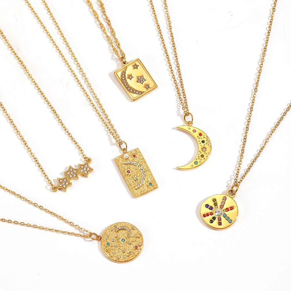 Fashion Style Diamond Star Moon Pendant Gold Plated Necklace Women's Fashion Diamond Stainless Steel Jewelry