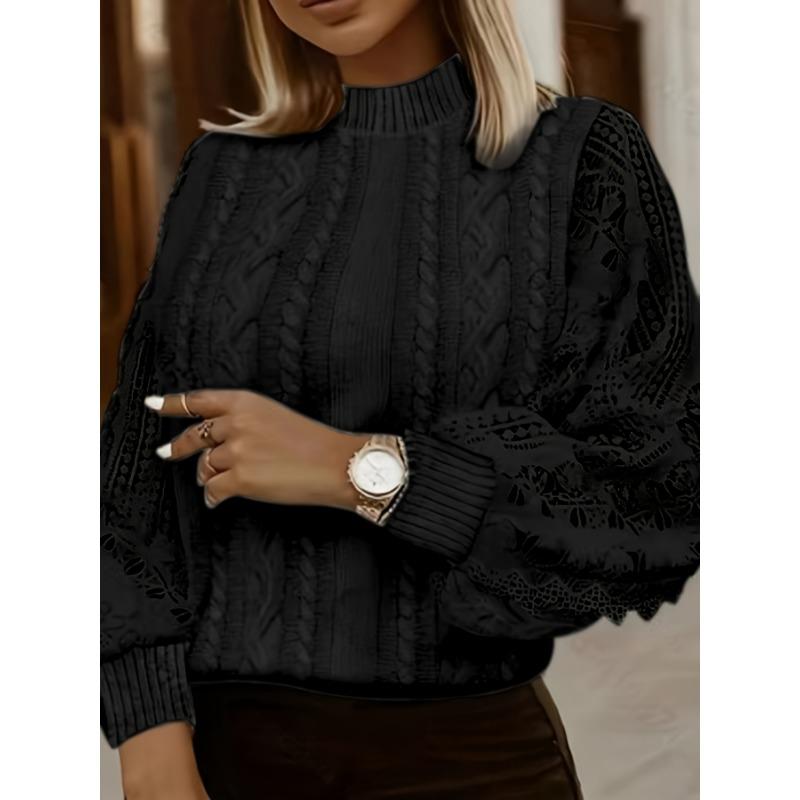 Women'S Elegant Sweater with Lace Detail - Mandarin Collar, Geometric Pattern, Fall/Winter StyleSweater Top