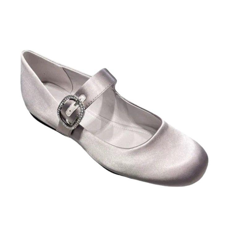 Leather Satin Rhinestone One-word Buckle with Round Head Mary Jane Single Shoes Women's 2025 New Spring Ballet Flats
