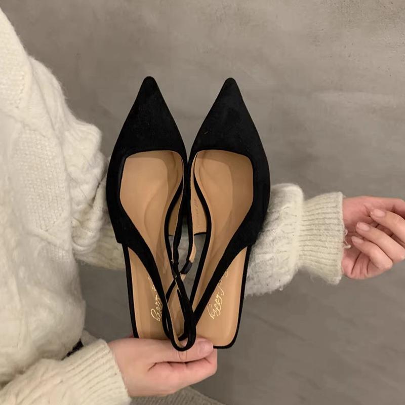 Fashion SUOJIALUN 2024 Spring New Women Sandal Fashion Pointed Toe Shallow Slip On Dress Mules Shoes Thin Low Heel Slingback Sandal