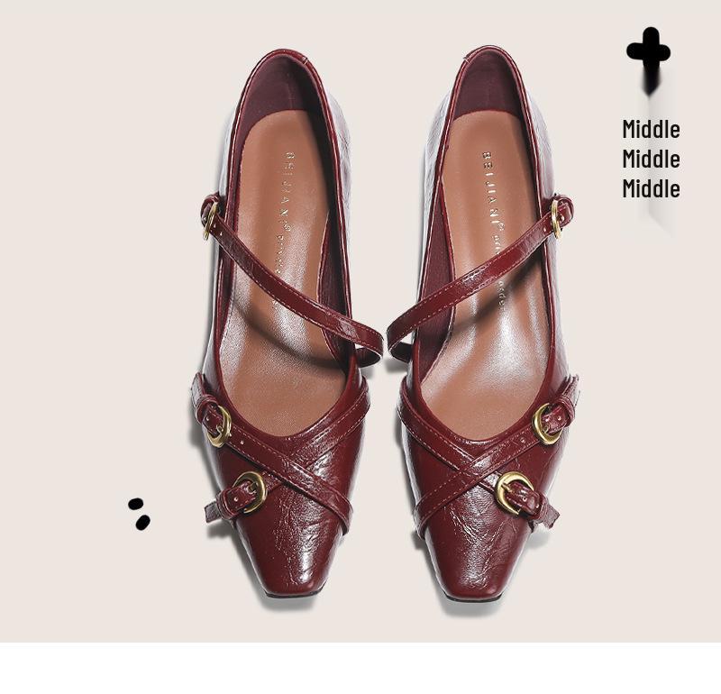 Beijiani Women's Cross-Buckle Sheepskin Mary Jane Square-Toe Flats