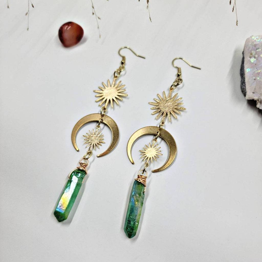 Quartz Crystal Moon And Sun Earrings In Alloy With Electroplated Finish For Stylish Men And Women