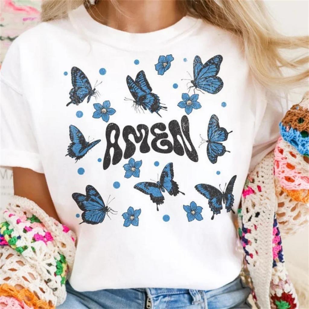Butterfly Amen Women's T-Shirt Cute Flowers Short Sleeved Top Lady Casual Fashionable Women's Clothing T-Shirt Trendy Summer Tee