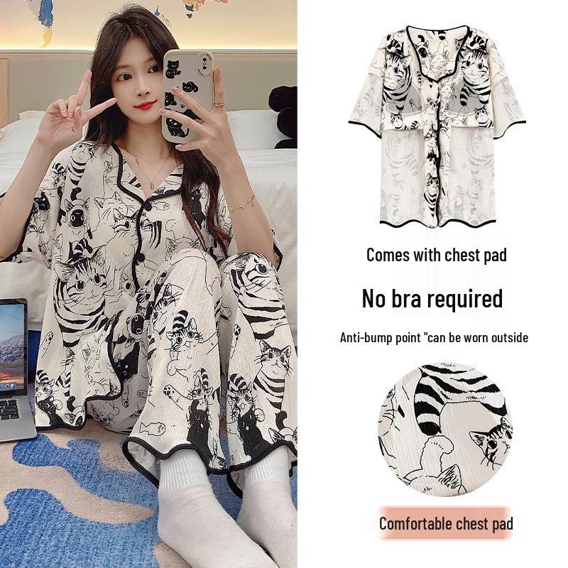 

Women s Summer Pajamas with Built-in Bra, Faux Cotton, Short Sleeve & Long Pant Set, Loose Fit, Anti-Nipple, 2026 Collection, One-Piece XL (Recommended 60-70 kg)