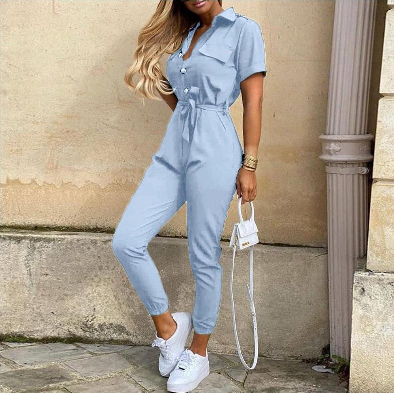 Spot 2026 spring and summer popular European and American women's clothing casual lapel printed belt tooling jumpsuit