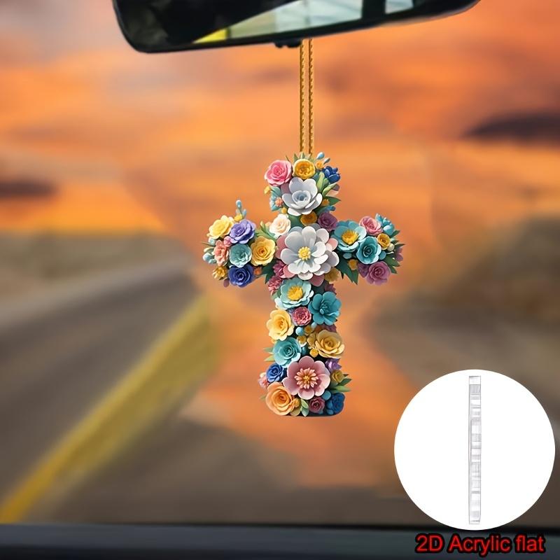 2D Flat Acrylic Floral Cross Pendant - Vibrant Multi-Color Flower Design, Ideal for Car Rearview Mirror, Garden, Party, Room Decor, Keychain