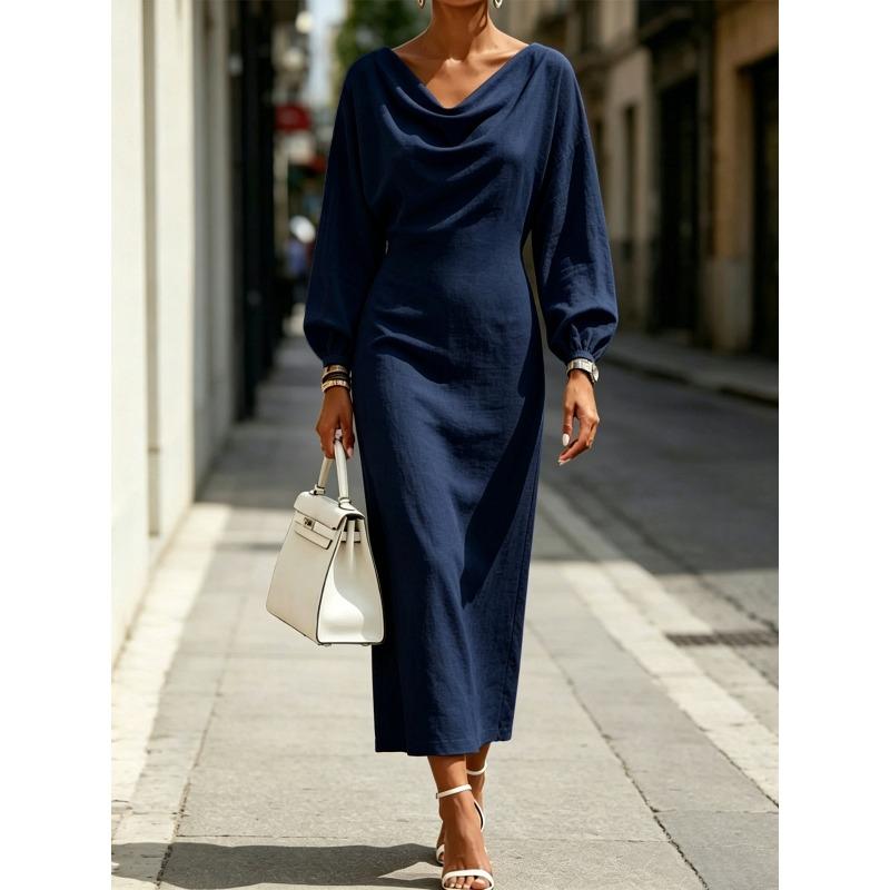JPNTKY Fashion Summer Spring Solid Color Print Long Sleeve V-Neck Casual Dresses