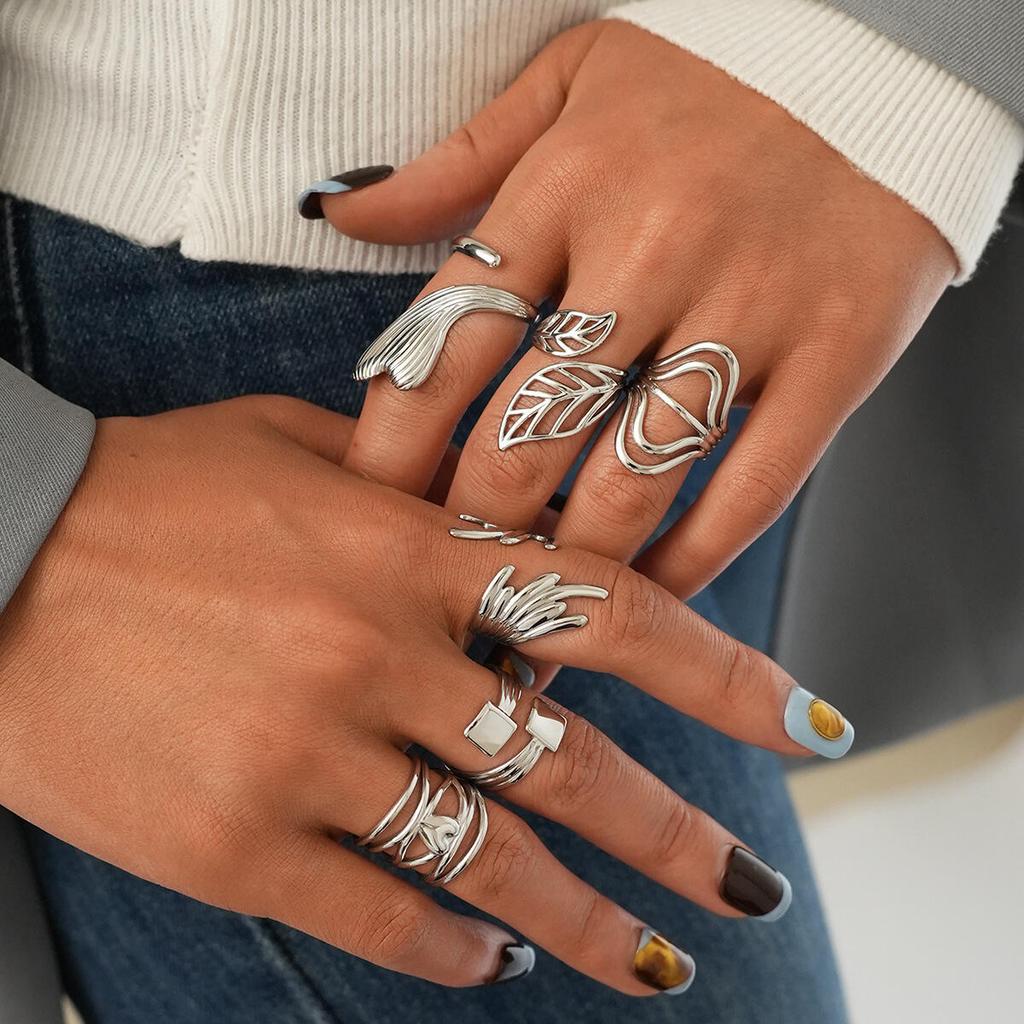 Silver Color Stainless Steel Rings for Women Men Vintage Heart Shaped Leaf Wings Flower Open Rings Waterproof Jewelry Wholesale