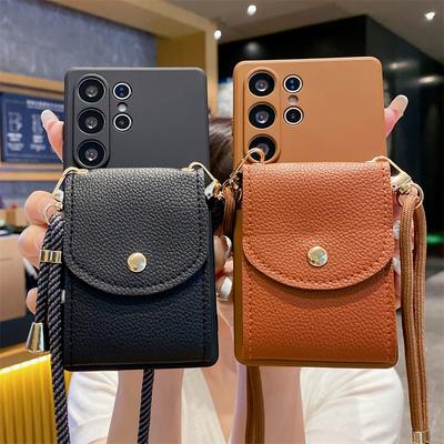 Crossbody Lanyard Leather Wallet Case For Samsung S24 S25 Ultra S23 S22 Plus S21 S20 Note 20 A73 A72 A71 A70 A55 A54 A53 A52 A50