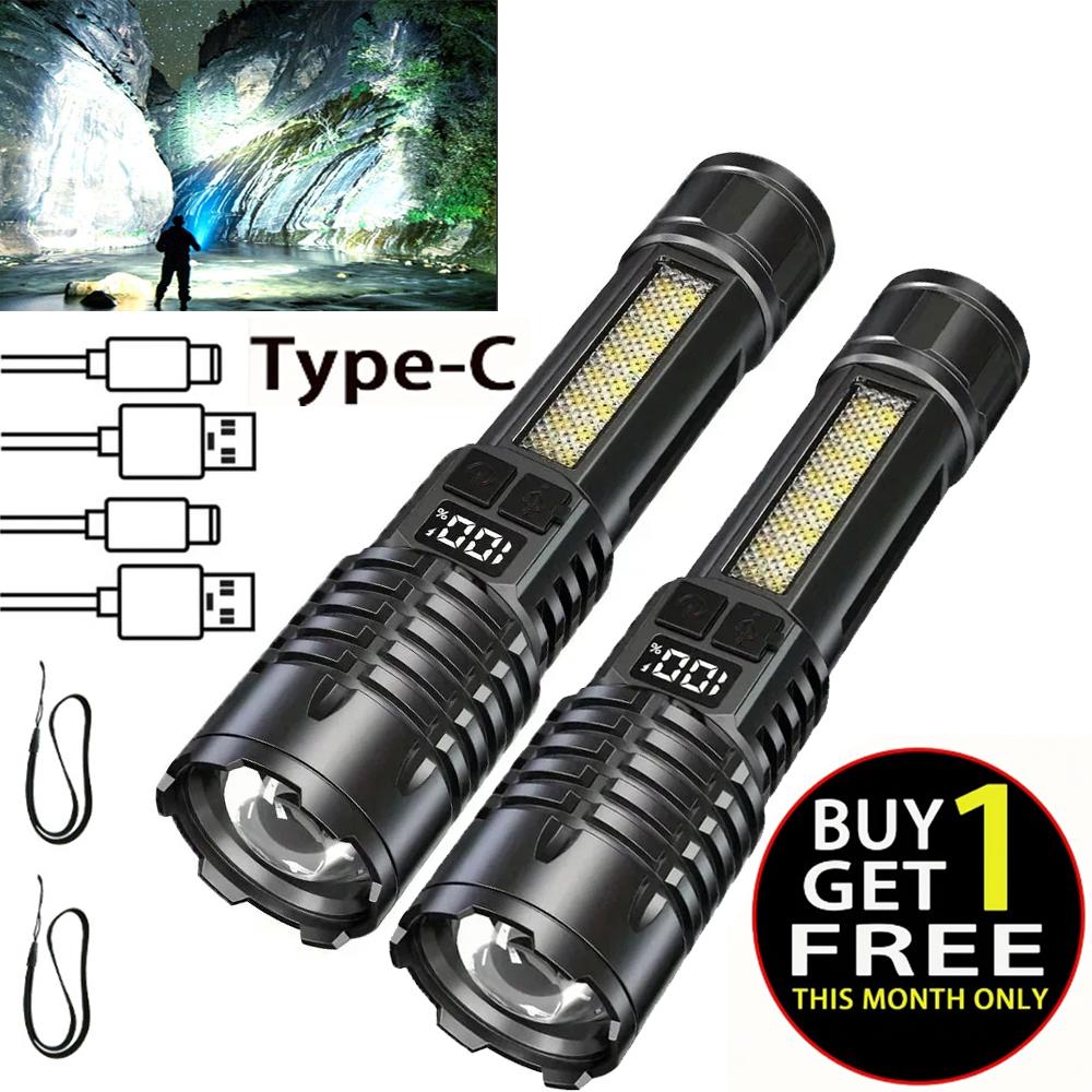 Buy 1 Get 1 Free Super Bright TYPE-C Rechargeable Portable Waterproof COB LED Flashlight Light Outdoor Camping Hiking Emergency