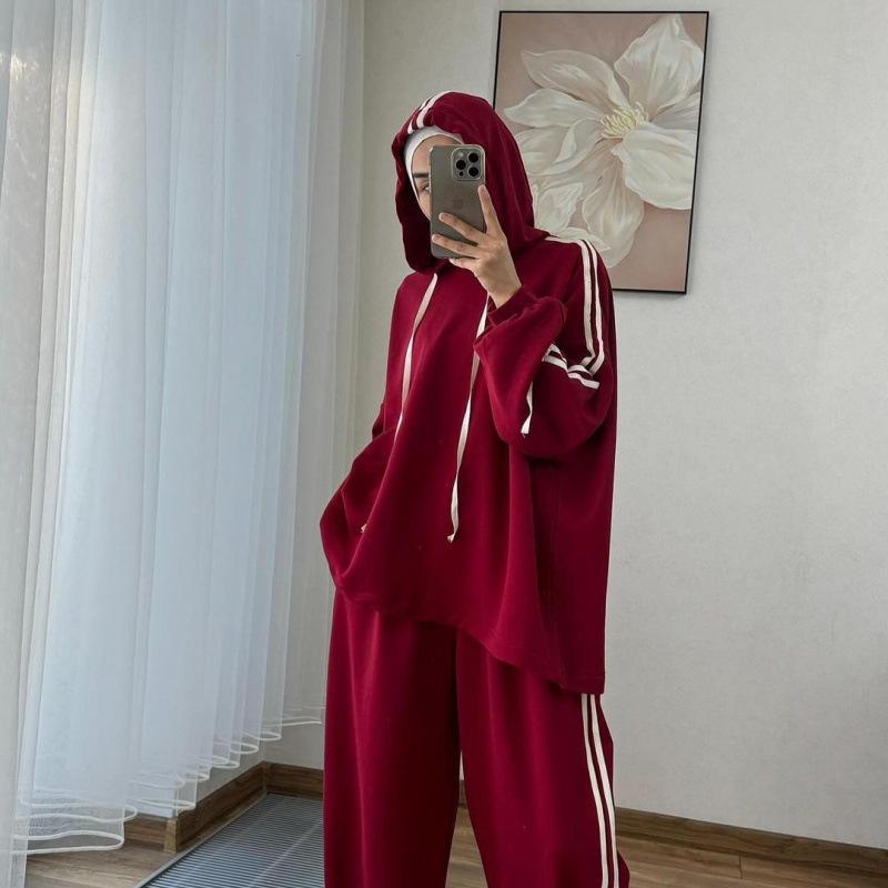 Women's Two Piece Outfit Hooded Sweatshirt Wide Leg Pants Set Casual Loose Tracksuit Muslim Modest Wear